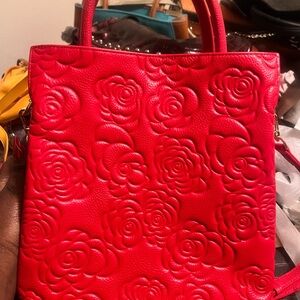 Red Embossed Floral Handbag